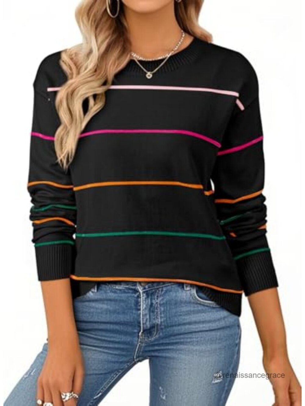 Women's Crew Neck Striped Knit Sweater Long Sleeve Pullover Loose Fit